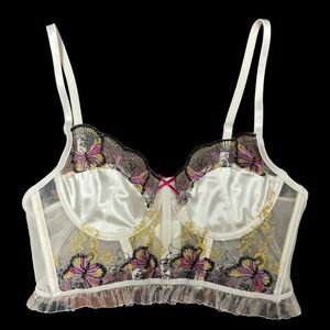 Nina Bonheur Underwire Bra corset Embroidered Butterflies Sheer Satin Size Small